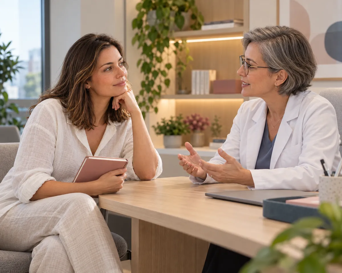 Mulher conversa com a médica no consultório, segurando um caderno com suas dúvidas.