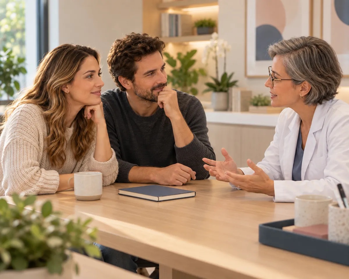 Casal conversa com a médica no consultório, com um caderno sobre a mesa.