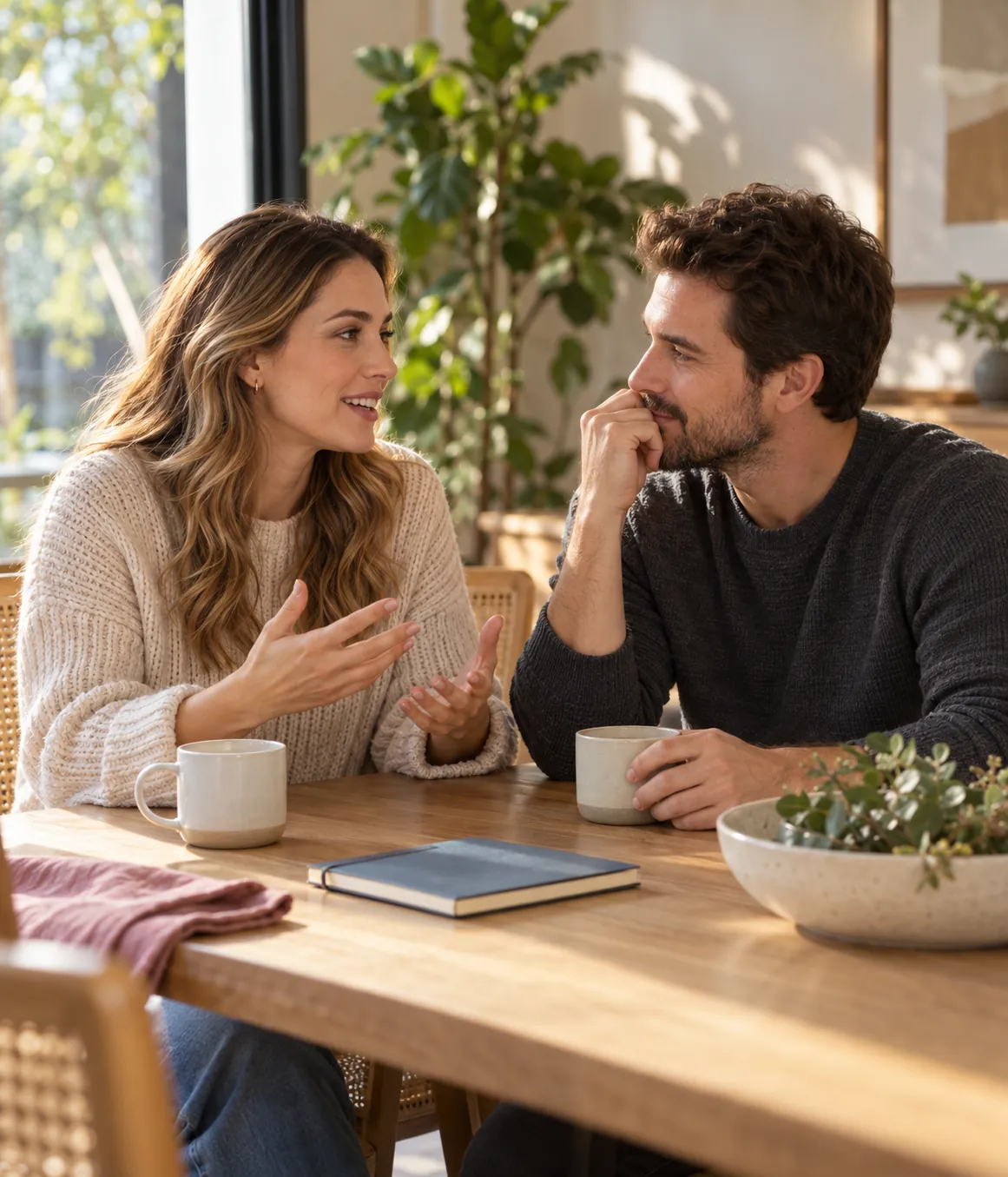 Casal conversa à mesa, com canecas e um caderno, em uma sala iluminada pelo sol.